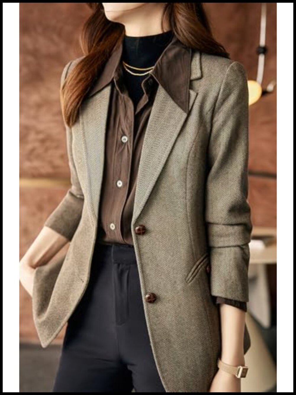 Women's Notched Lapel Plaid Herringbone Blazer Jacket Classic Slim Wool Blend - Picture 3 of 5